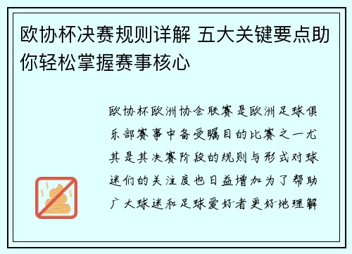 欧协杯决赛规则详解 五大关键要点助你轻松掌握赛事核心