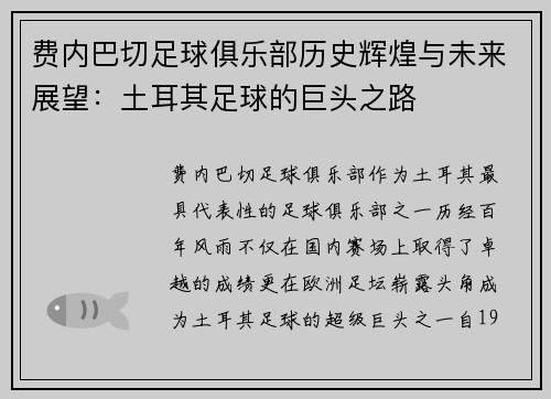 费内巴切足球俱乐部历史辉煌与未来展望：土耳其足球的巨头之路