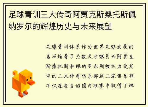 足球青训三大传奇阿贾克斯桑托斯佩纳罗尔的辉煌历史与未来展望